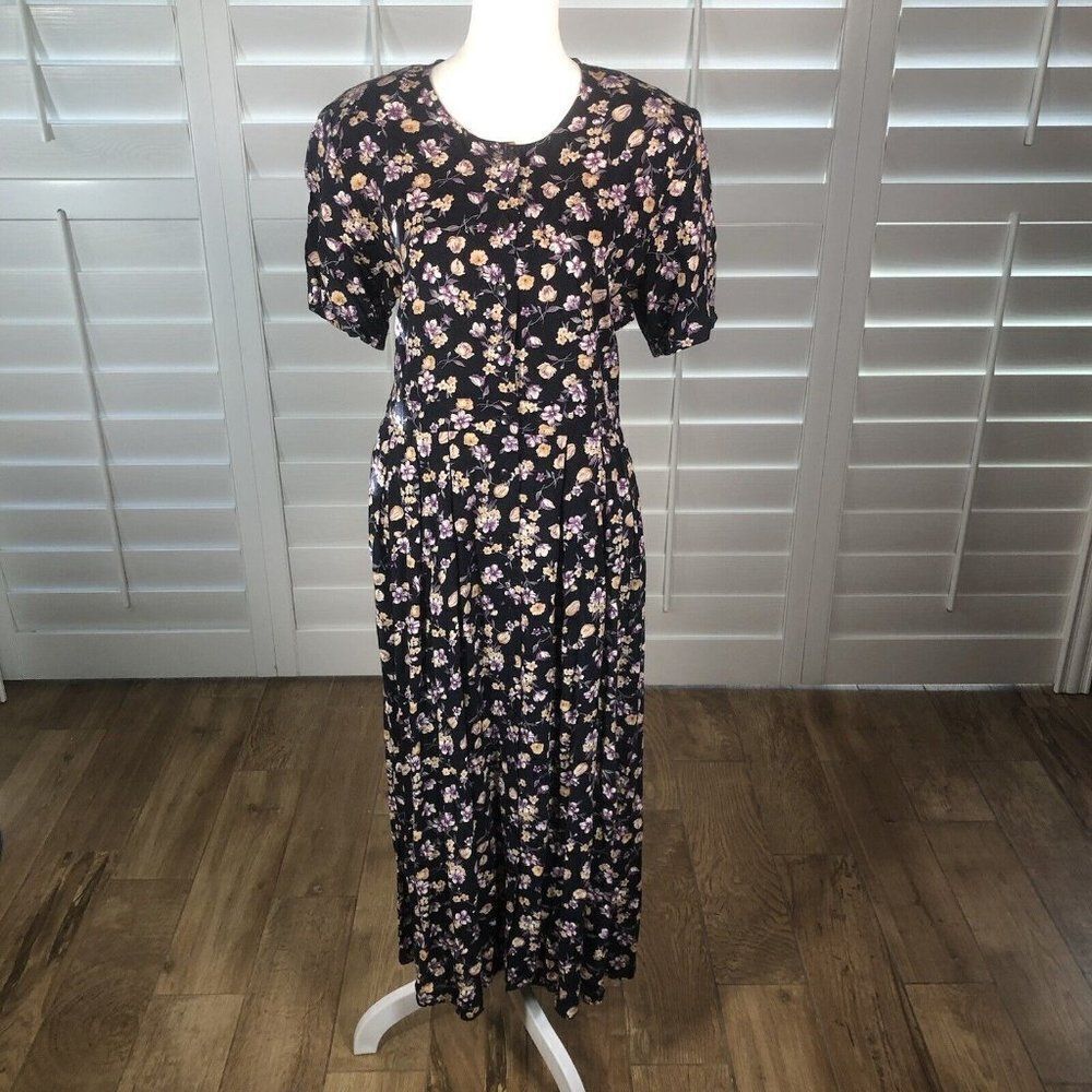 Vtg 80's Northern Traditions Dark Blue Floral Rayon Peasant Dress 8 Cottage Core